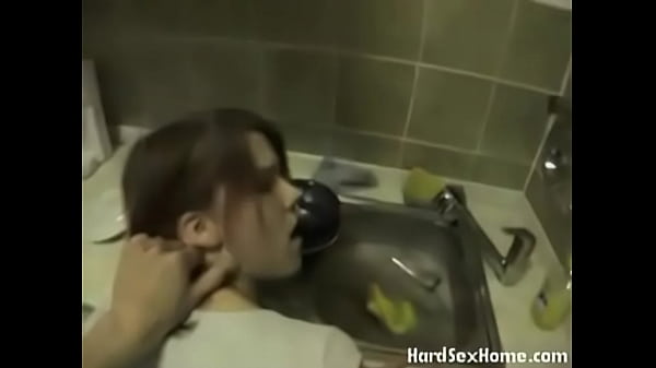Busty brunette amateur blowjob in the kitchen with Budokai