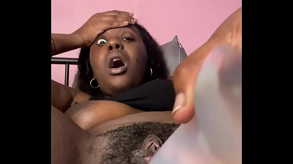 Ebony babe plays with big dildo and hairy pussy