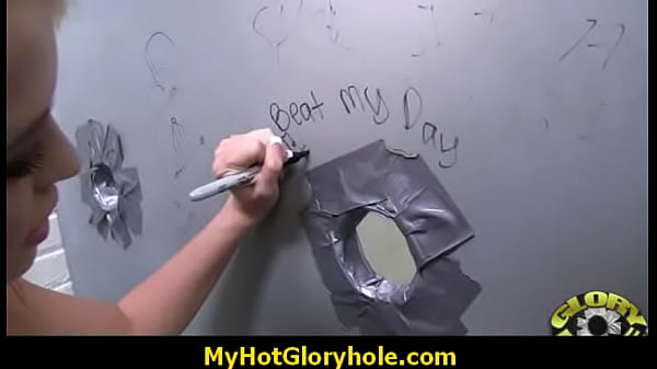 White woman sucking big black cock through glory hole