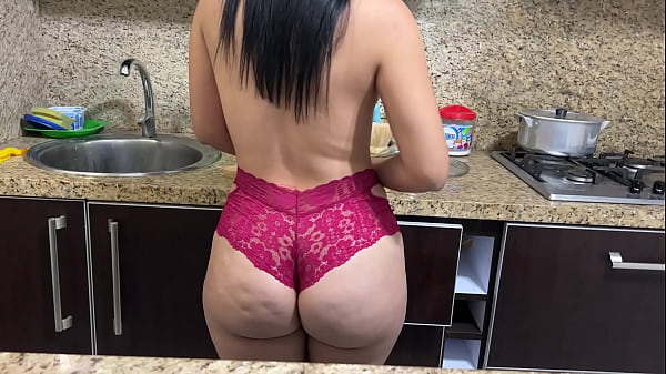 Latina stepmom AlaskaGrey cooks in bikini, stepson gets horny