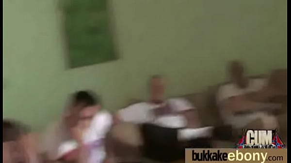 Ebony babe sucks and swallows cum from group of white guys