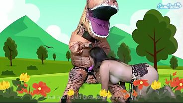 Madi Laine as cave girl gives dino themed blowjob