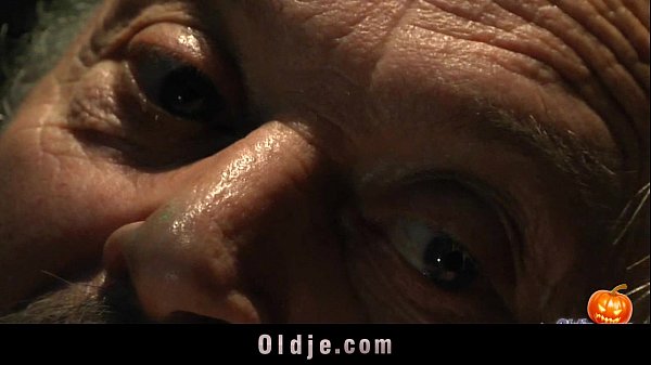 Young brunette gives old grandpa blowjob on halloween