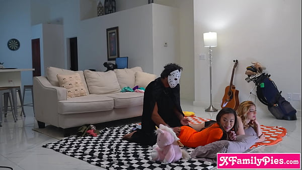 Lookatmyas5 tiny stepsister and BFF halloween party sexy teen threesome with Kimmy Kimm and Demi Hawks