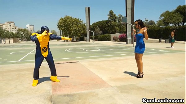 Latina Sasha Jones XXX parody riding in Cyclops costume