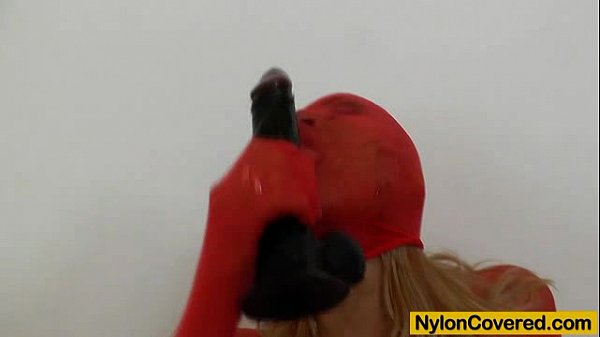 Leggy babe in nylon mask and tights fetish