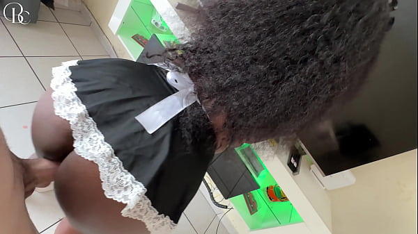 Ebony maid sucks white boss dick in miniskirt
