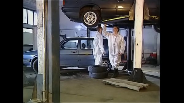 Teen milf gets handjob and blowjob from mechanics in garage