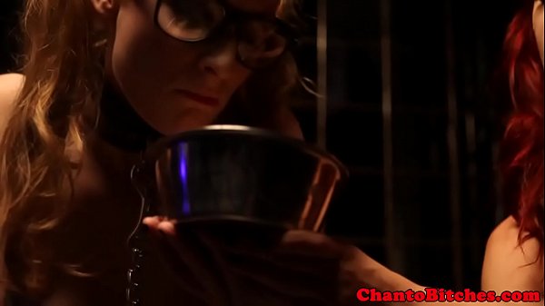 lezdom femdom sub gagging on large dildo in bdsm scene