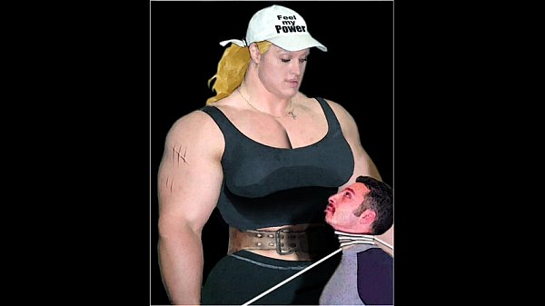 Muscular female bodybuilder dominates her man