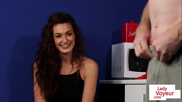 British office voyeur encourages sub to tug in the kitchen with dirty talk and cfnm elements