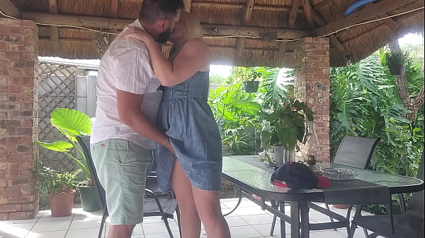 Lenaliscious and Redsparowdox creampie homemade with blonde big tits wife on patio
