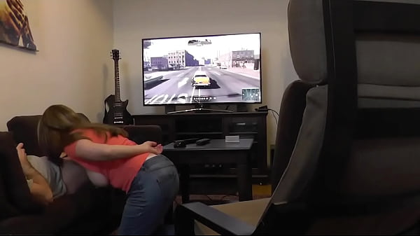 Britney Swallows gets sucked off by gamer hubby while playing XBOX