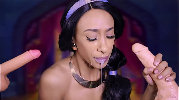 Ebony Princess Jasmine cosplay double blowjob facial cumshot
