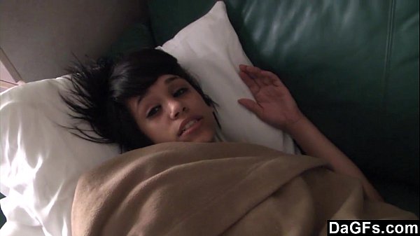 Latina brunette teen gives handjob on couch