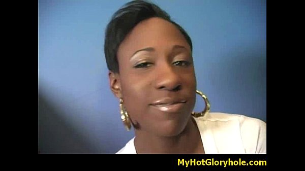 Ebony woman sucking white cock in a glory hole blow job scene
