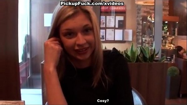 Blonde girl picked up by two guys in public cafe