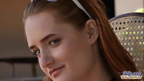 Redhead landlady Denisa Heaven sucks old man outdoors