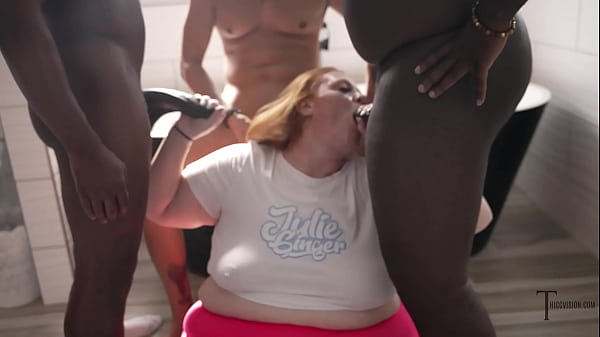 Redhead Julie Ginger sloppy blowjob with Jay Playhard and friends