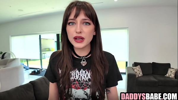 Goth stepdaughter in fishnets gives stepdad blowjob