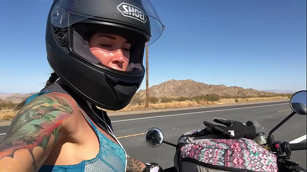 Felicity Feline rides Aprilia Tuono in panties outdoors
