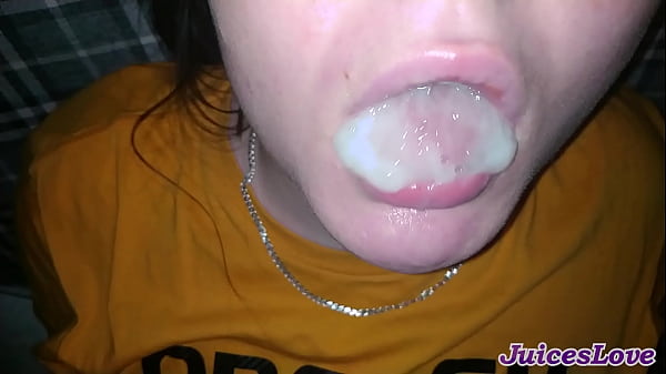 Juiceslove swallows cum in close-up blowjob