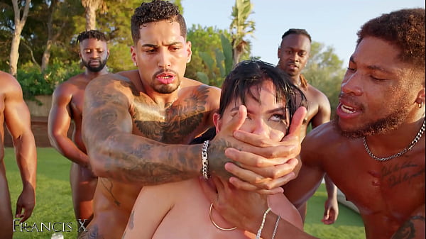 Latina Slut in Lingerie Gets Destroyed by 9 Guys Outdoors with Anal and DP