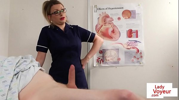 British nurse with piercing and heels orders patient to jerk off
