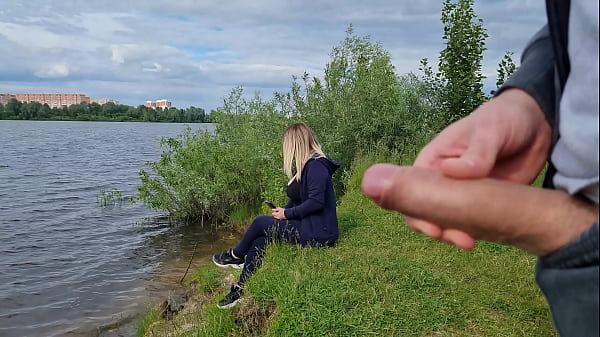 Guy flashes big dick to unsuspecting girl in nature and masturbates