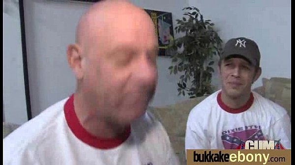 Ebony gets gangbanged by multiple guys and covered in cum