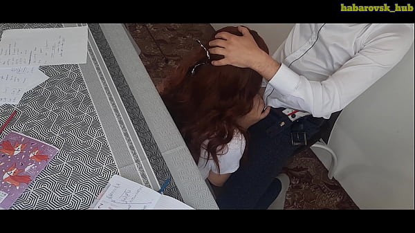 Teen redhead student swallows cum during exam