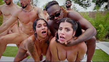 Sara Retali and Yasmina Khan take on 10 cocks in a wild interracial anal and DP session