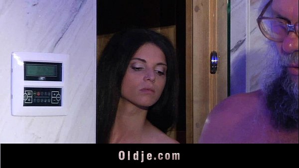 Oldman seduces teen brunette in bathroom doggystyle
