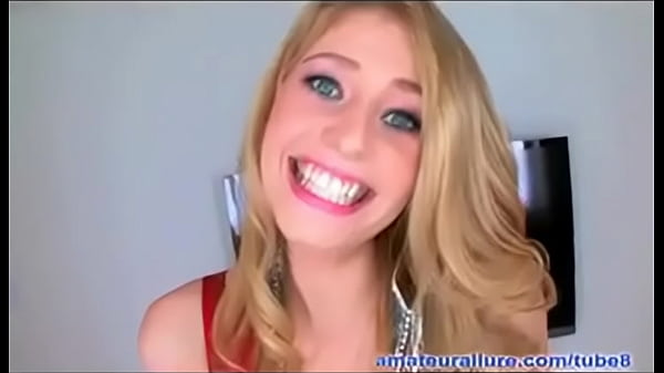 Blonde Allie James gives blowjob and swallows cum