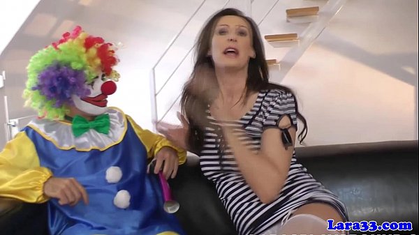 British milf in stockings rides clown's cock