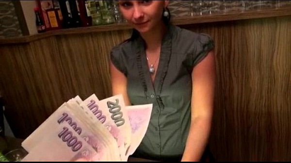 Euro brunette Marie gives blowjob for cash in public