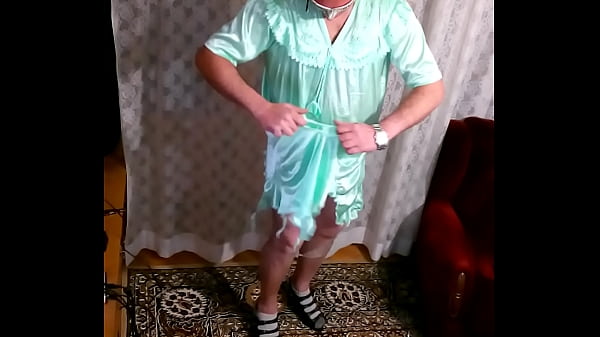 Crossdresseu tears off satin nightgown solo