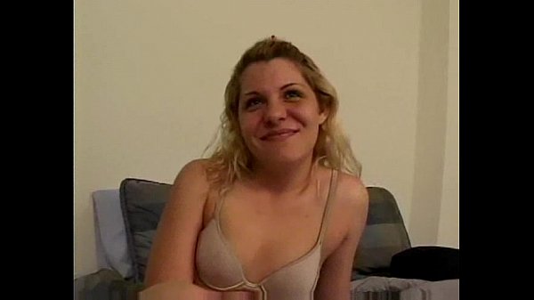 Blond amateur girl gives chubby boyfriend blowjob