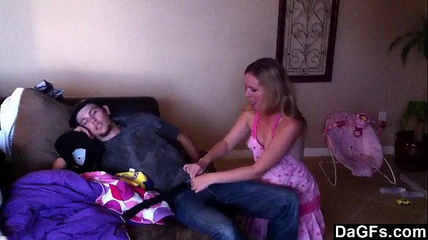 Blonde girlfriend gives morning blowjob