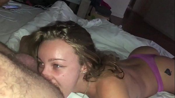 Angelemilyx sucks Mike Angelo's hairy cock and cums with her small tits