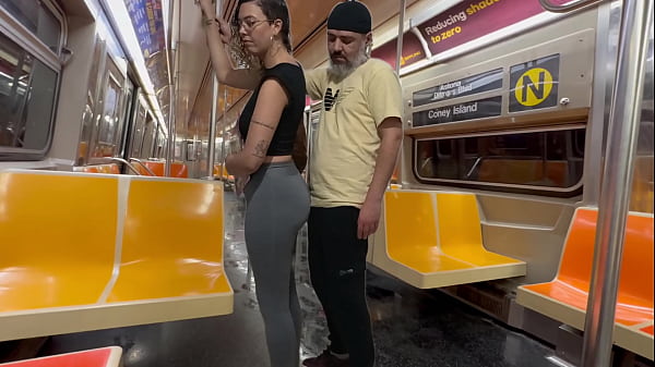 Student girl gets cum on New York subway train with GaandVi and Victor