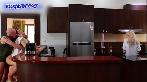 FoxIII and Lisa Fox surprise anal creampie while mother in law cooks