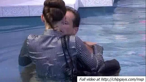 Group sex by the pool with clothed babes