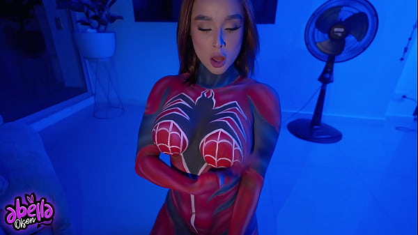 Abella Olsen fucks her fan in a Spiderwoman cosplay POV blowjob tease