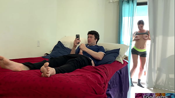 Blonde stepmom Erin Electra catches stepson jerking off