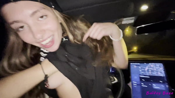 Bailey Base Petite Babe Seduces in Tesla on Autopilot During Nighttime Road Head