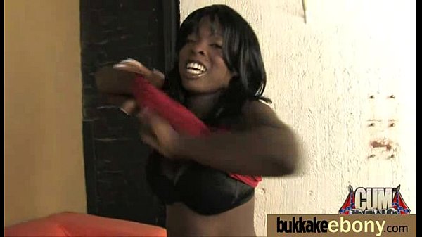 Ebony babe takes on multiple white cocks in bukkake facial cumshot